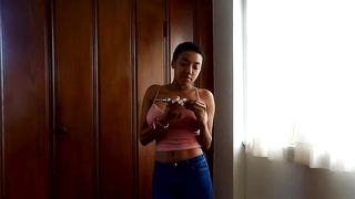 Black babe with big, bouncy boobs, Blair is fucking a fake dick and moaning while cumming