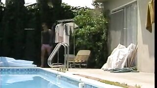 Black doxy gets her snatch pounded poolside by hung white dude