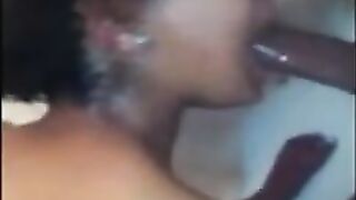 Black angel is sucking her roommate's dong whilst having a shower with him, in the morning