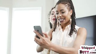 WHIPPED BOOTY - Ebony lezdom thrashing blindfolded subject in kinky pair