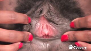 Nina Devon gets her bushy vagina jizzed after ride on jock