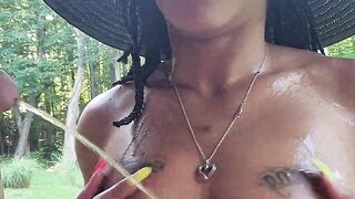 Dominant pee on my saggy breast in the yard then I pee my pants being a wonderful black slut serf