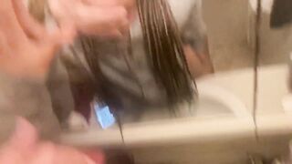 Blasian bent over baths sink whilst roommates in other room