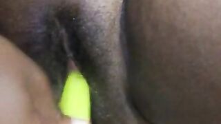 Black corpulent wet cunt black masturbates with DIY vibrator ASMR