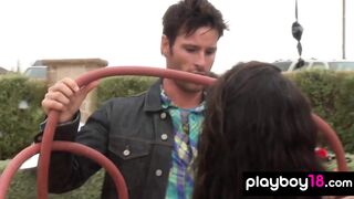 Bare Priscilla washing a car during black headmistress Cassandra takes a shower