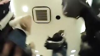 Blond wearing ebony tights upskirted