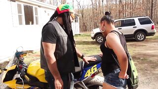 After a fast motorcycle ride Layla Perez Swallows Don Whoe 's Rod on the front yard Super Hawt Films Sloppy bj
