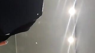 Sexy golden-haired in short ebony costume upskirted