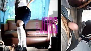 Latin Chick Mastix in hot school uniform does shoejob buttjob & thighjob makes him cums in her legs!