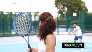 Curvy black teen Willow Ryder screws with her tennis trainer after practice