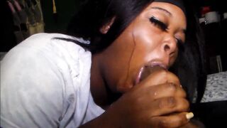 Sweetheart sucks weenie and shows the cum on her tongue