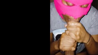 Pink masked angel sucks large ramrod til it cum