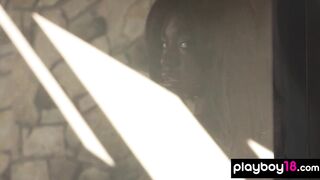 Charming ebony muse shows her ideal titties for Playboy