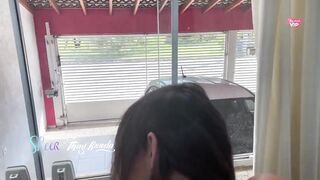 Nasty wife banging her butt with the window open and letting him cum inside and getting filled with cum