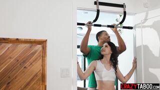 Teen Liz Jordan hanging on biggest ebony weenie and that's her kind of workout