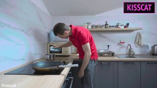 Hawt sex on the kitchen with large melons gal wife