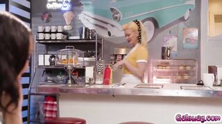 Waitress Serene Siren wanting to go further with customer Alexis Tae and begins giving a kiss her whilst dancing