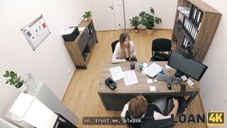 LOAN4K. Blond Maya with large bazookas is banging a bank worker on the office chair during the time that his colleague is watching