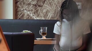 ebony, beautifull, saggy and braless in public