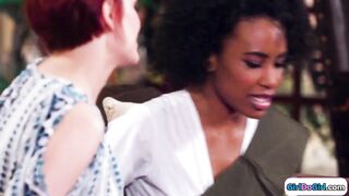 Redhead opens the door and sees her black gf clothed up as a gal scout.That babe invites her in and they begin giving a kiss.After her ebony gf sucked on her breasts shes snatch eaten.The hotty scout facesits her until that babe cums.They move into a 69er