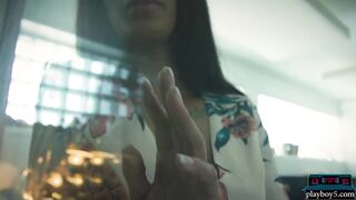 Large butt ebony Playmate gets bare in a recording studio and looks smokin sexy