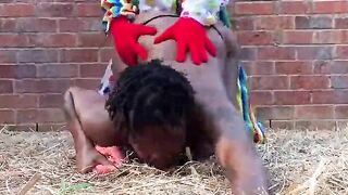 Clown has sex with black cutie on farm