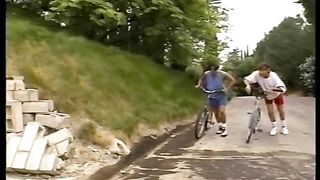 Busty ebony biker fucked by two cocks