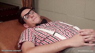 Black therapist Lotus Lain after therapy makes cuckold patient Tony Orlando suck wang to Rob Yaeger then bangs over his face in three-some in dungeon