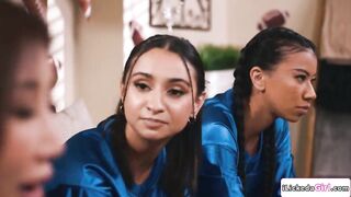 Lesbo honey Blake Blossom won the wager so her allies oriental Nicole Doshi, latin babe Hailey Rose and black Ameena Green take turns licking her vagina.