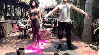 Down Doggy: Ebony chick doing perspired in nature's garb Yoga and grinding on white interracial boyfriend