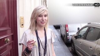 eighteen year golden-haired Vicky plays with sex tool during her porn casting