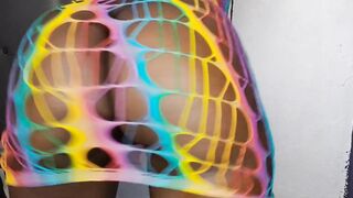 Large black mother i'd like to fuck shows bug oiled butt in rainbow underware