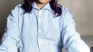 Student teen relaxes after class and massages her warm snatch, making pants moist