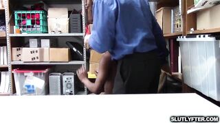After the LP Officer ploughs the black shoplyfter in a doggy style position this babe laydown on the des