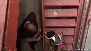 Blindfolded biggest natural boobs big beautiful woman black wench Layton Benton gets throat drilled by Corporalist Karlo Karrera and whipped in public alley for audience