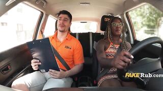 Black Breasts Bounce On Asphalt On Driving Instructors White Shlong