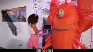 Black stepdaughter and her stepmother tempt and bang with her boyfriend who is clothed in lobster suit