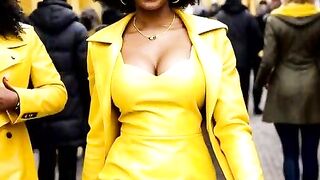 Charming breasty black teasing and screwing in a sauna in her yellow leather bikini - AI Illustrated Leather Porn Fantasy