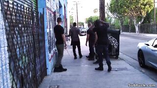 Jock hungry black Kira Noir with sexy booty brings five large knob lads white and ebony and sucks and bangs 'em