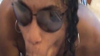 Sexy, aged, black model likes giving head and sucks off a bwc on a set of steps.