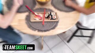 Oriental Delight! Phoebe Kalib Gets Spit Roasted and Eats Cum-Overspread Sushi!