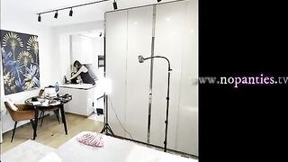 Hawt and concupiscent sexy angel cute housewife in a satin nightie shows her lace pants at home whilst the spouse is away