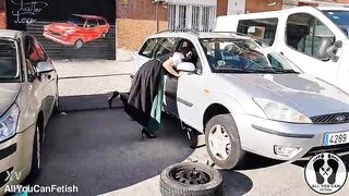 DIRNDL WHORE GETS BAWDY AND OILY CHANGING TIRES