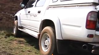 Ebony Couple Fucking Outdoors at back of the Truck