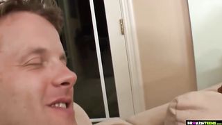 Black babe is sucking a white dick like a real pro and getting cum on her face