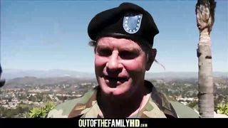 Ebony babe with blue eyes, Noemie Bilas is sucking a uniformed guy's dick and getting fucked