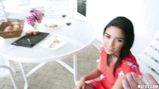 Lusty ebony brunette, Maya Bijou likes to suck cock and get it up her tight ass