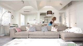 Ravishing ebony girl with curly hair is sucking her employer's rock hard dick, instead of working