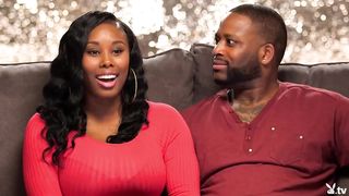 Voluptuous ebony lady in a sexy, red dress is ready to start fucking her boyfriend's friend