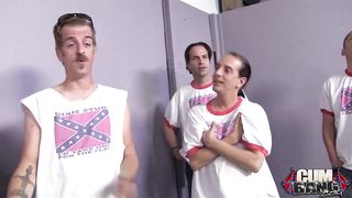 Voluptuous ebony woman is getting gangbanged by a group of white guys and enjoying it a lot